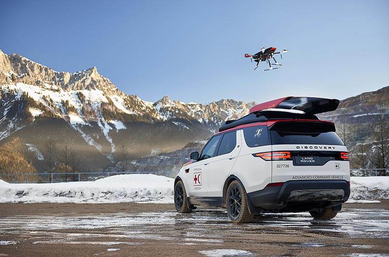 A Land Rover with integrated rescue drone