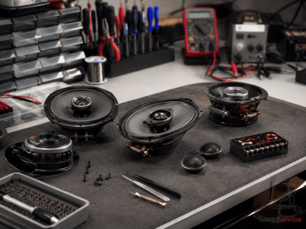Service woofer, tweeter, midrange, component, coaxial και subwoofer. Έλεγχος πηνίου, κώνου, crossover, καλωδίωσης, ενισχυτή και παραμόρφωσης