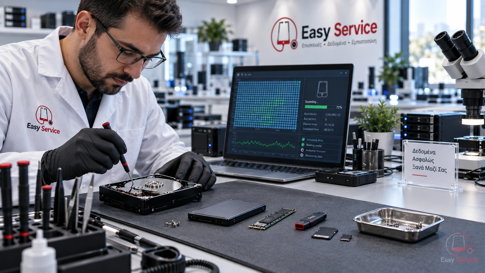 Τεχνικός σε εργαστηριακό πάγκο με HDD, SSD, USB και κάρτες μνήμης