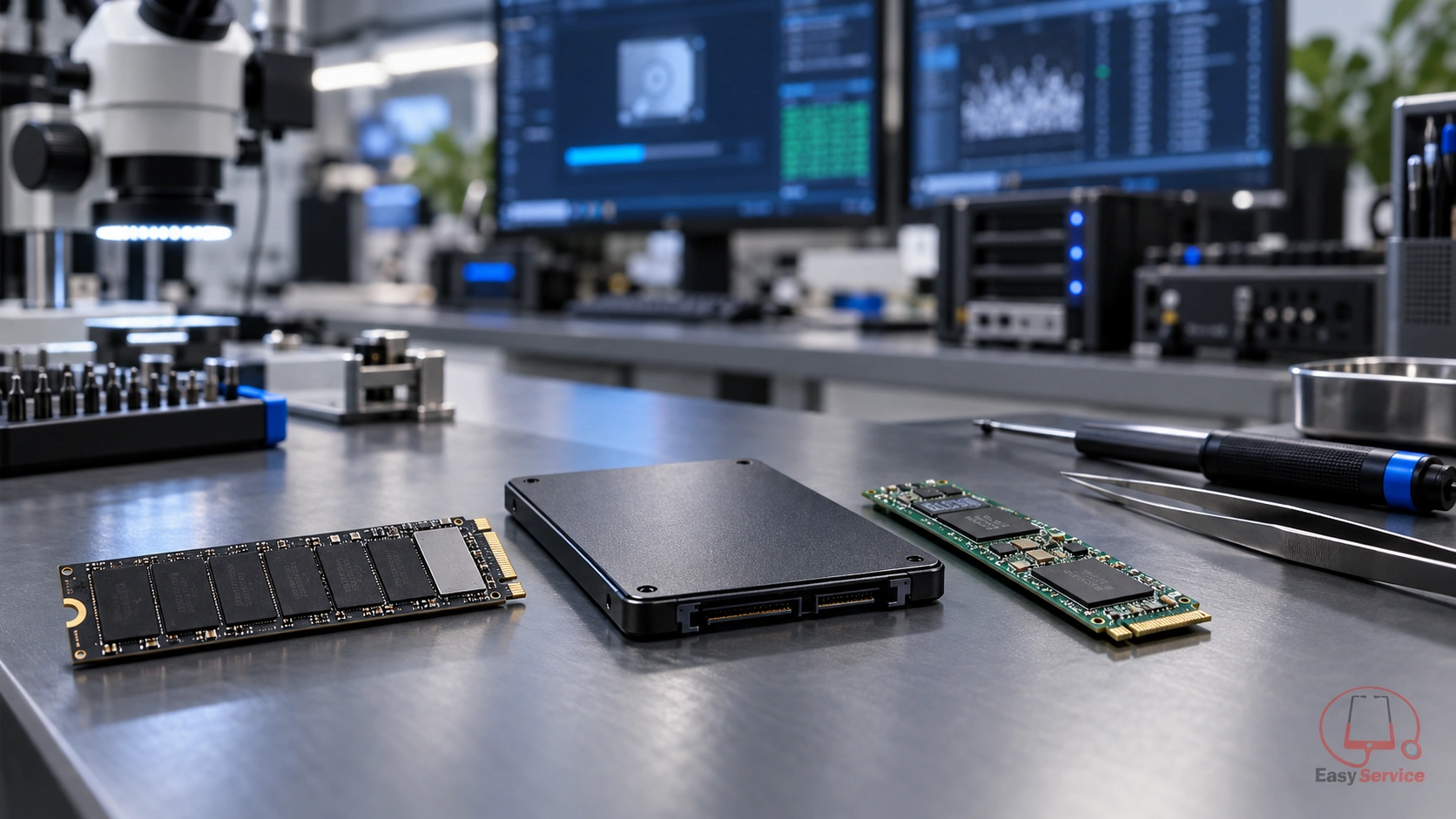 Μονάδες SSD M.2 και 2,5 ιντσών σε πάγκο εργαστηρίου ανάκτησης δεδομένων