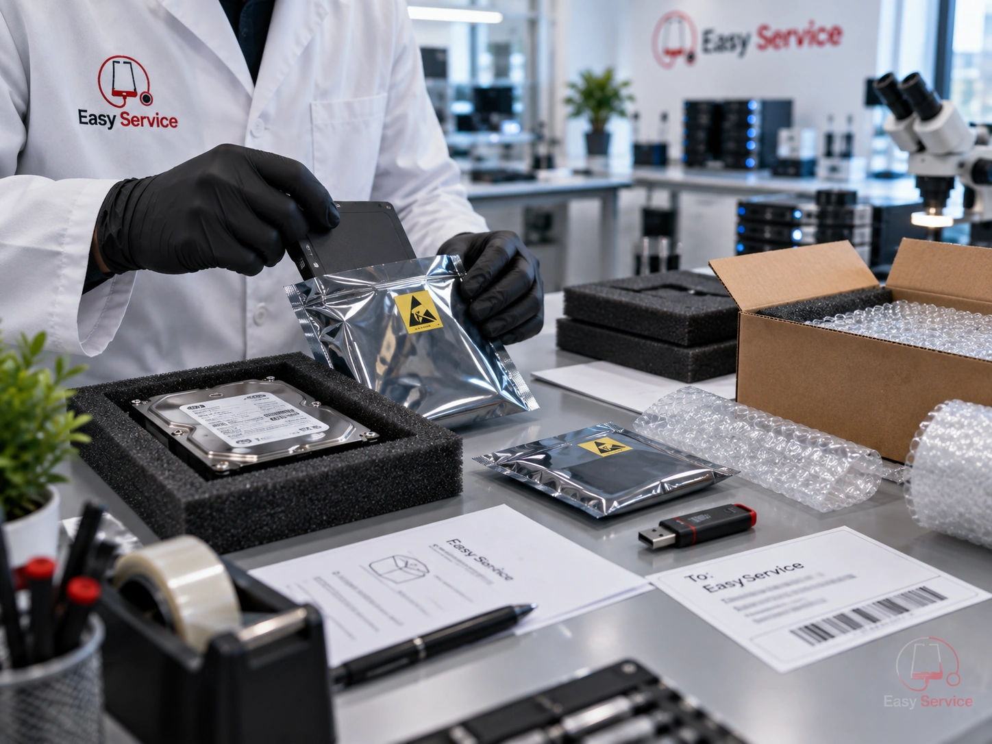 Προετοιμασία συσκευασίας SSD και HDD με προστατευτικές σακούλες και αφρώδες υλικό