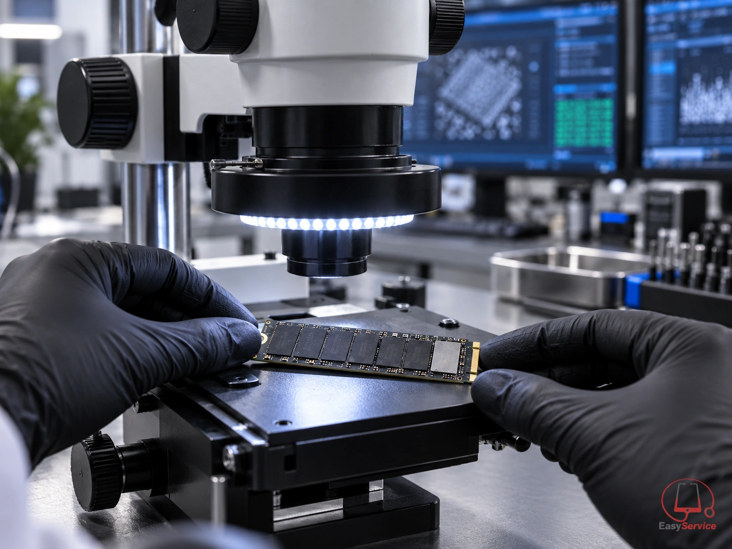Επιθεώρηση SSD M.2 κάτω από στερεοσκοπικό μικροσκόπιο