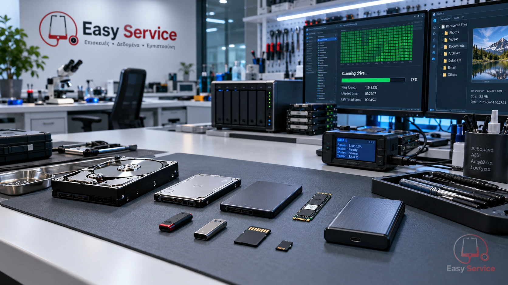 Αποθηκευτικά μέσα HDD, SSD, USB και κάρτες μνήμης σε εργαστηριακό πάγκο