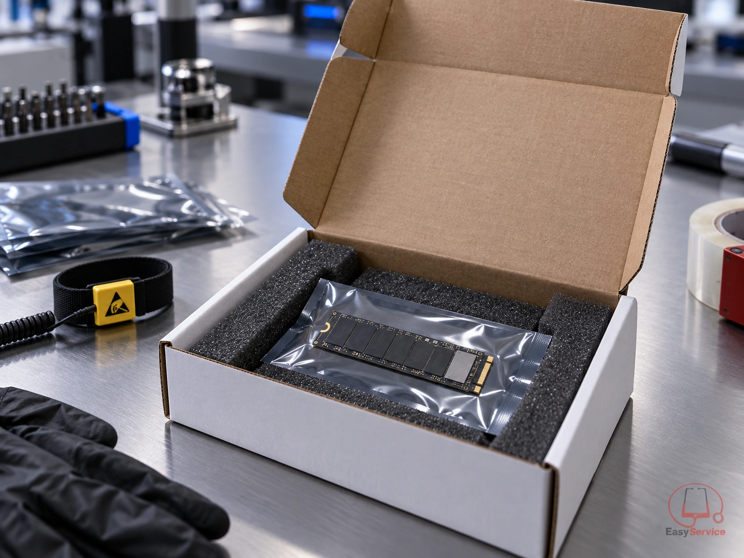 SSD M.2 σε προστατευτική σακούλα μέσα σε κουτί με αφρώδες υλικό
