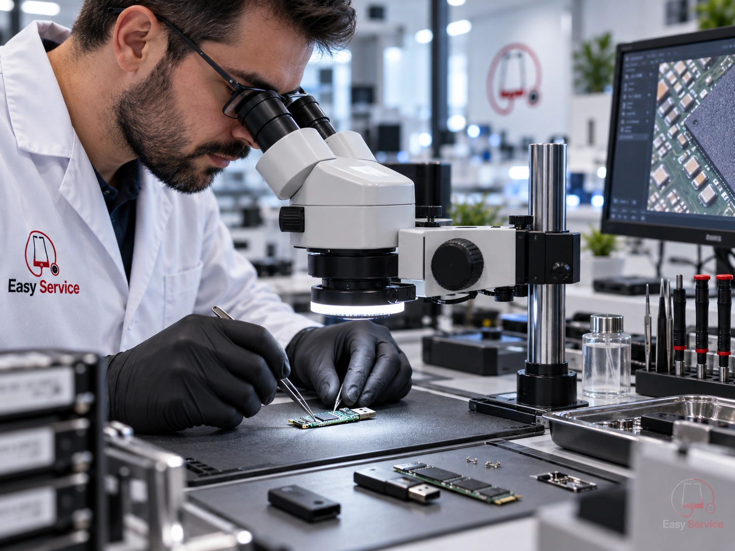 Τεχνικός εξετάζει μικρή πλακέτα USB με στερεοσκοπικό μικροσκόπιο