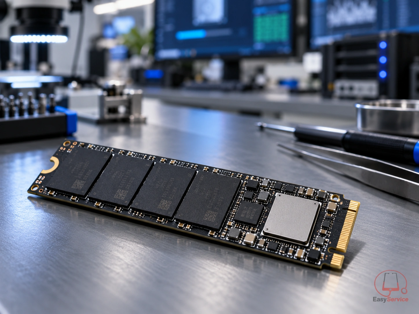 Κοντινή απεικόνιση πλακέτας SSD M.2 με μνήμες και ηλεκτρονικά εξαρτήματα