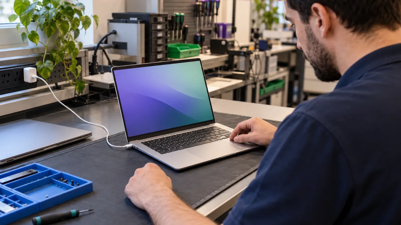 Τεχνικός χρησιμοποιεί ανοικτό laptop σε πάγκο εργαστηρίου