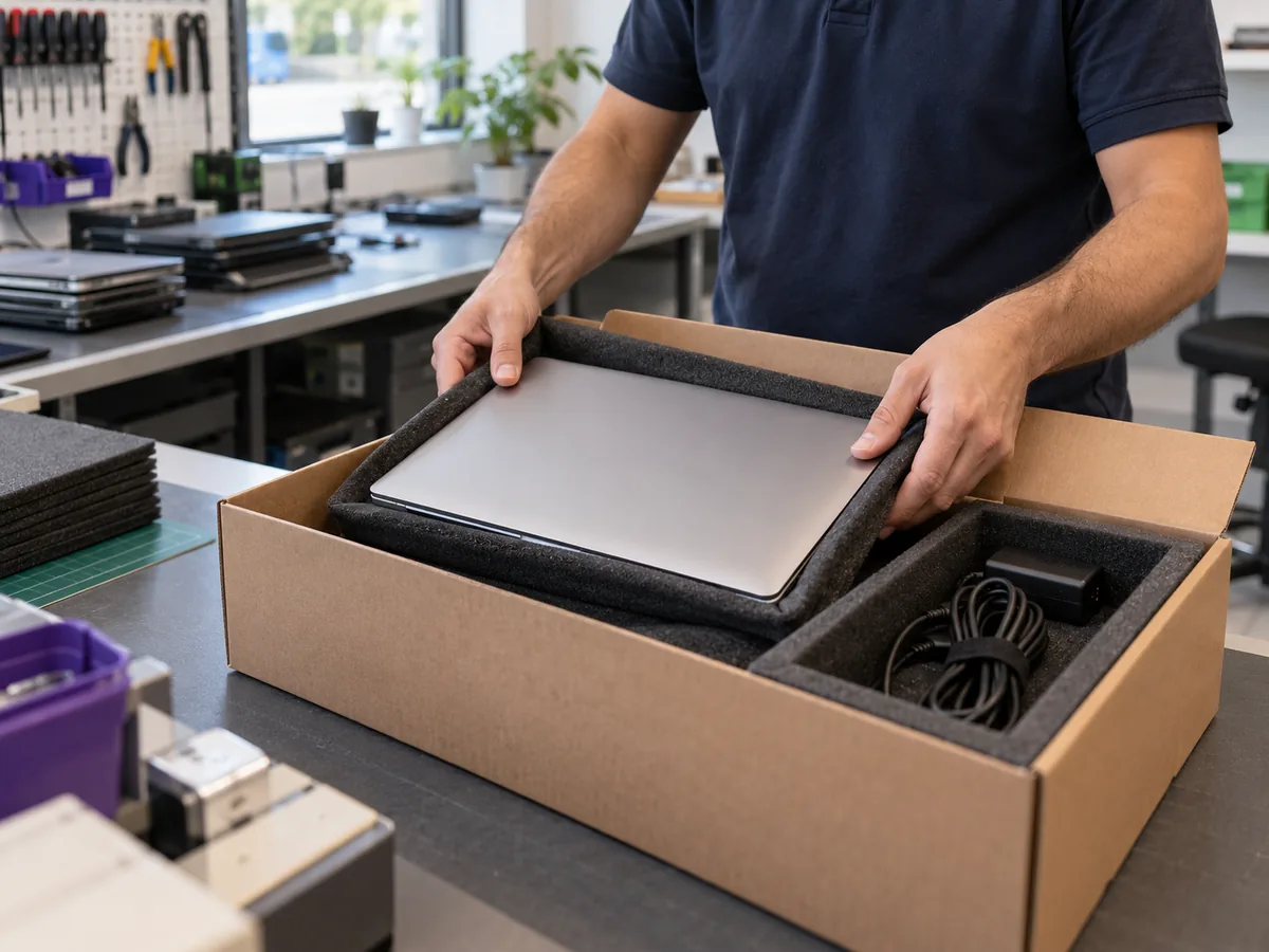 Κλειστό laptop και χωριστά προστατευμένος φορτιστής σε κουτί