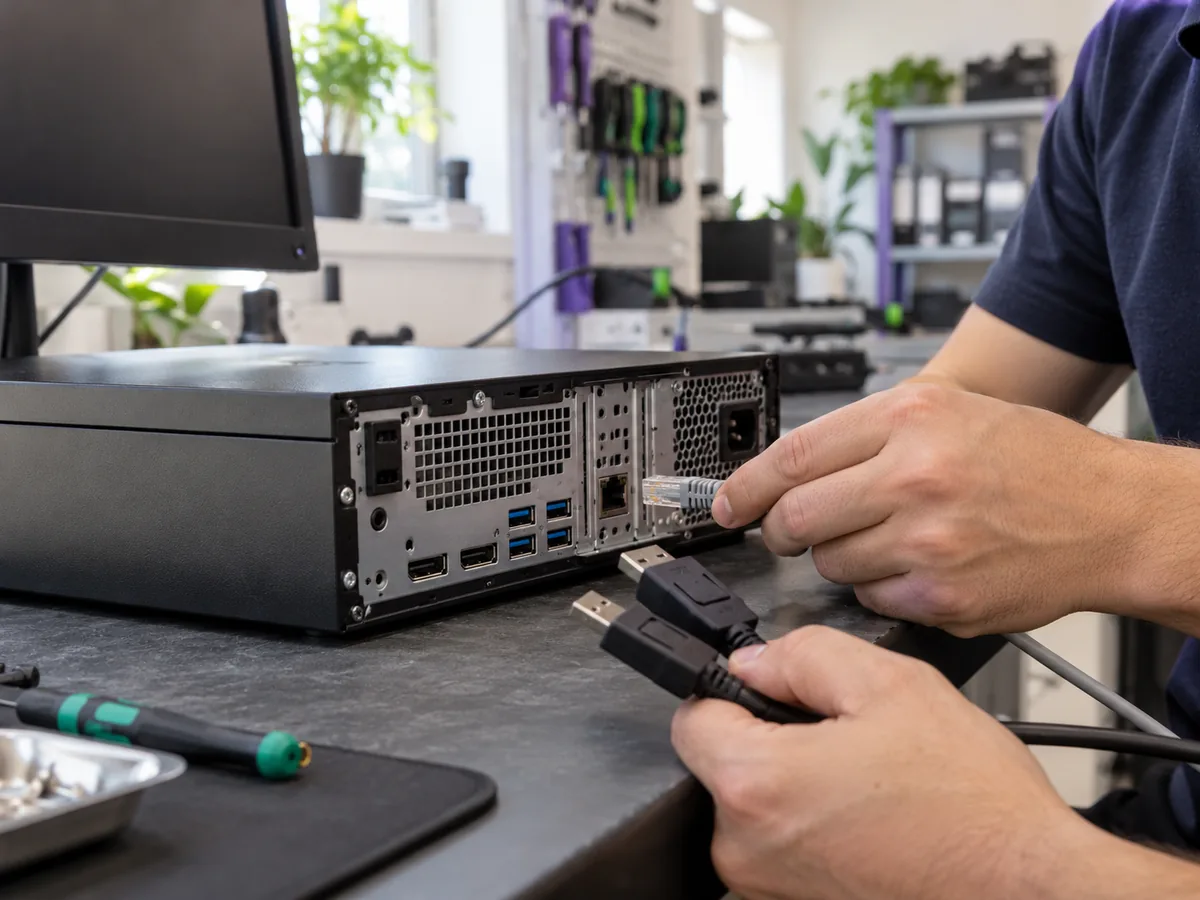 Κοντινή όψη θυρών compact desktop και καλωδίων σύνδεσης