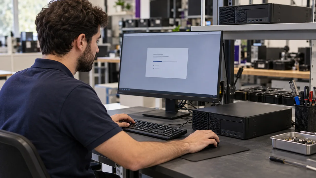 Τεχνικός μπροστά σε compact desktop και οθόνη σε πάγκο εργαστηρίου