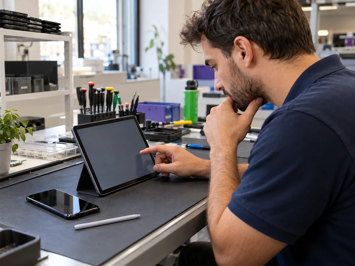 Τεχνικός εξετάζει Android tablet με κινητό δίπλα