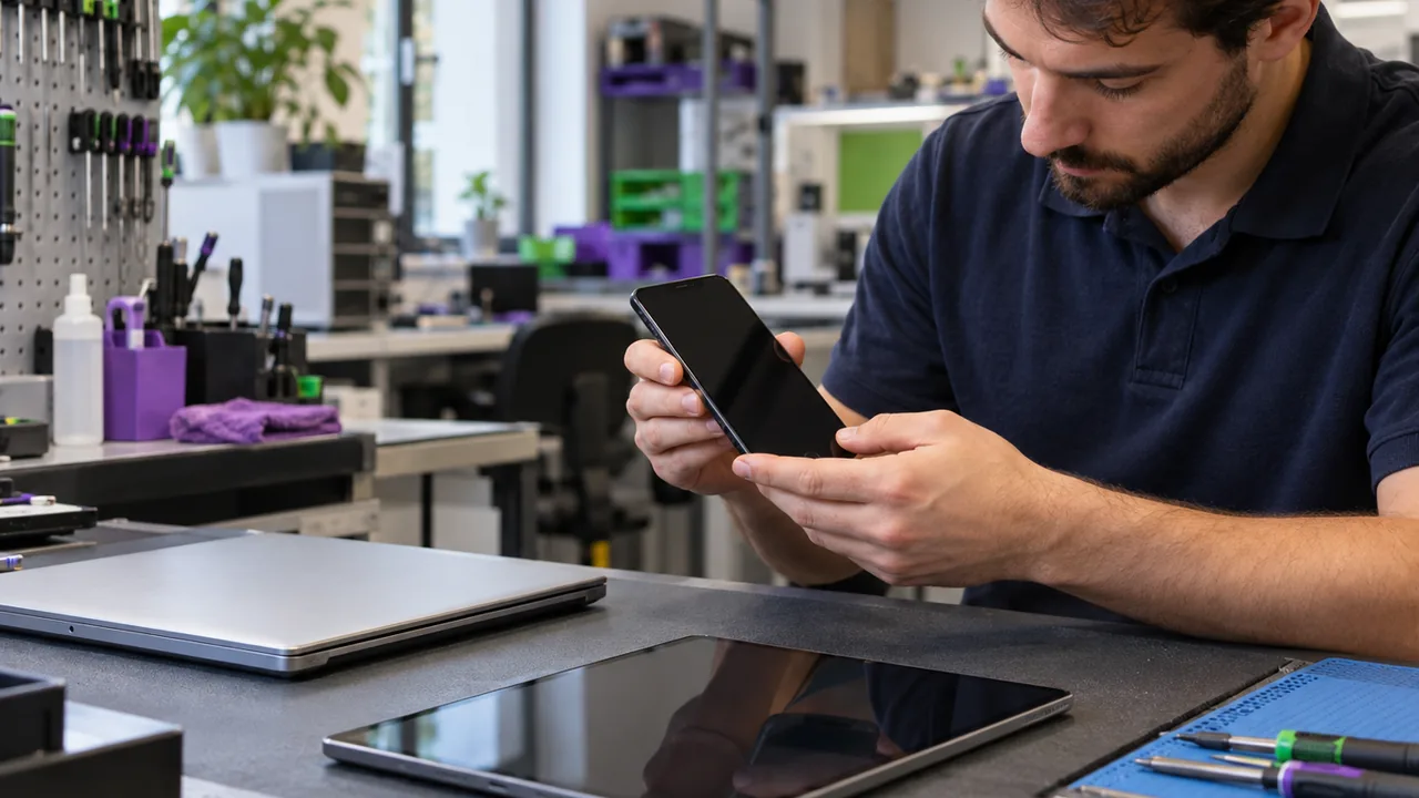 Τεχνικός εξετάζει Android κινητό δίπλα σε tablet και laptop