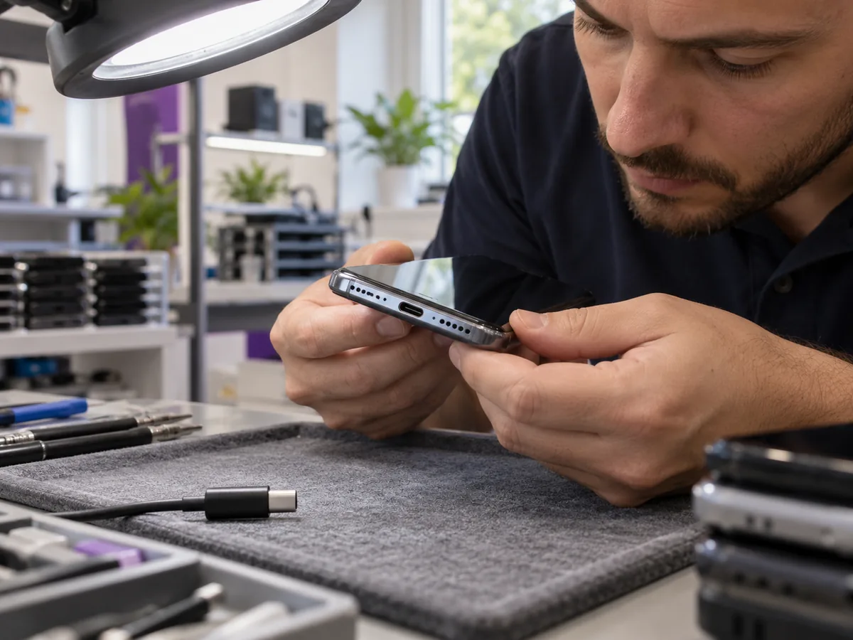 Κοντινή όψη θύρας φόρτισης smartphone κάτω από φωτιστικό