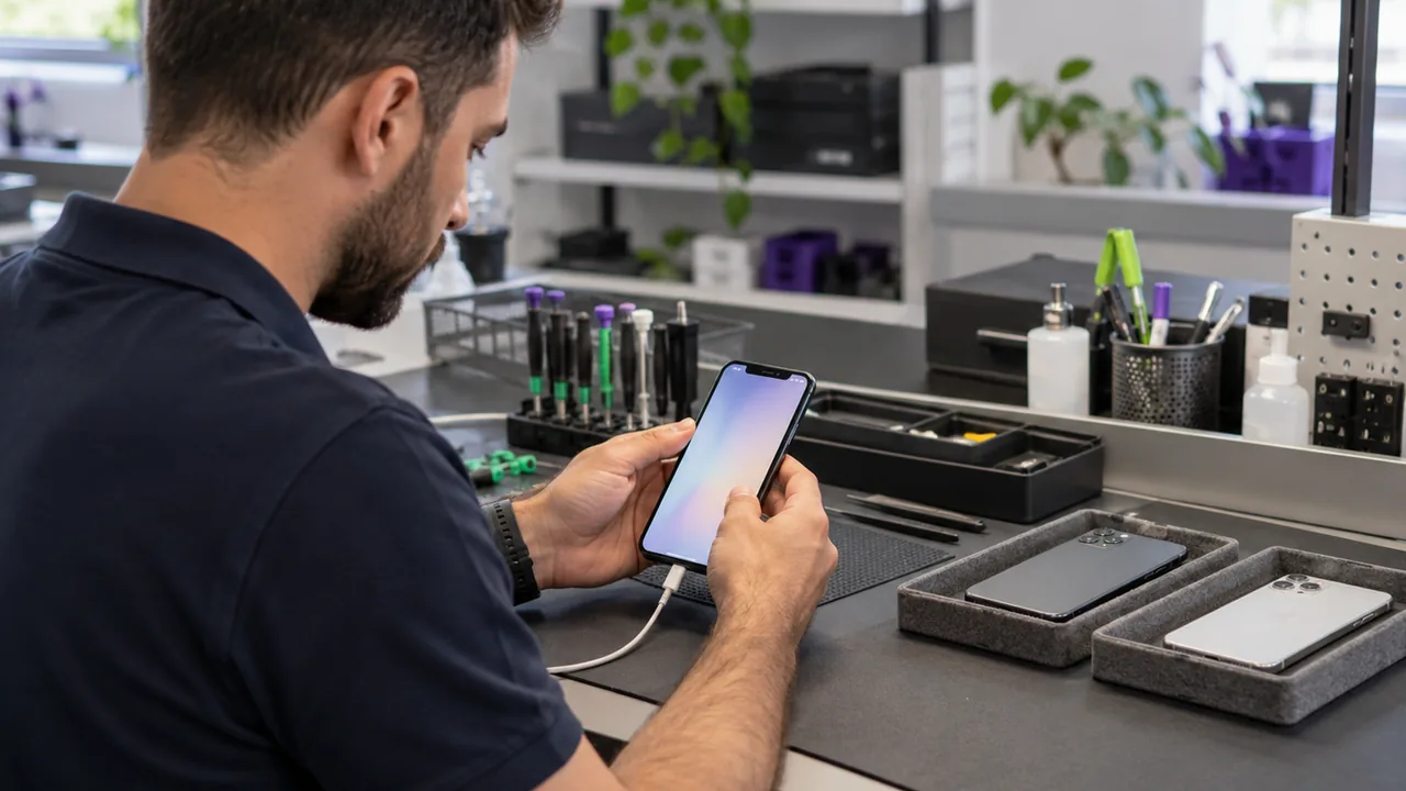 Τεχνικός εξετάζει smartphone σε πάγκο με θήκες συσκευών