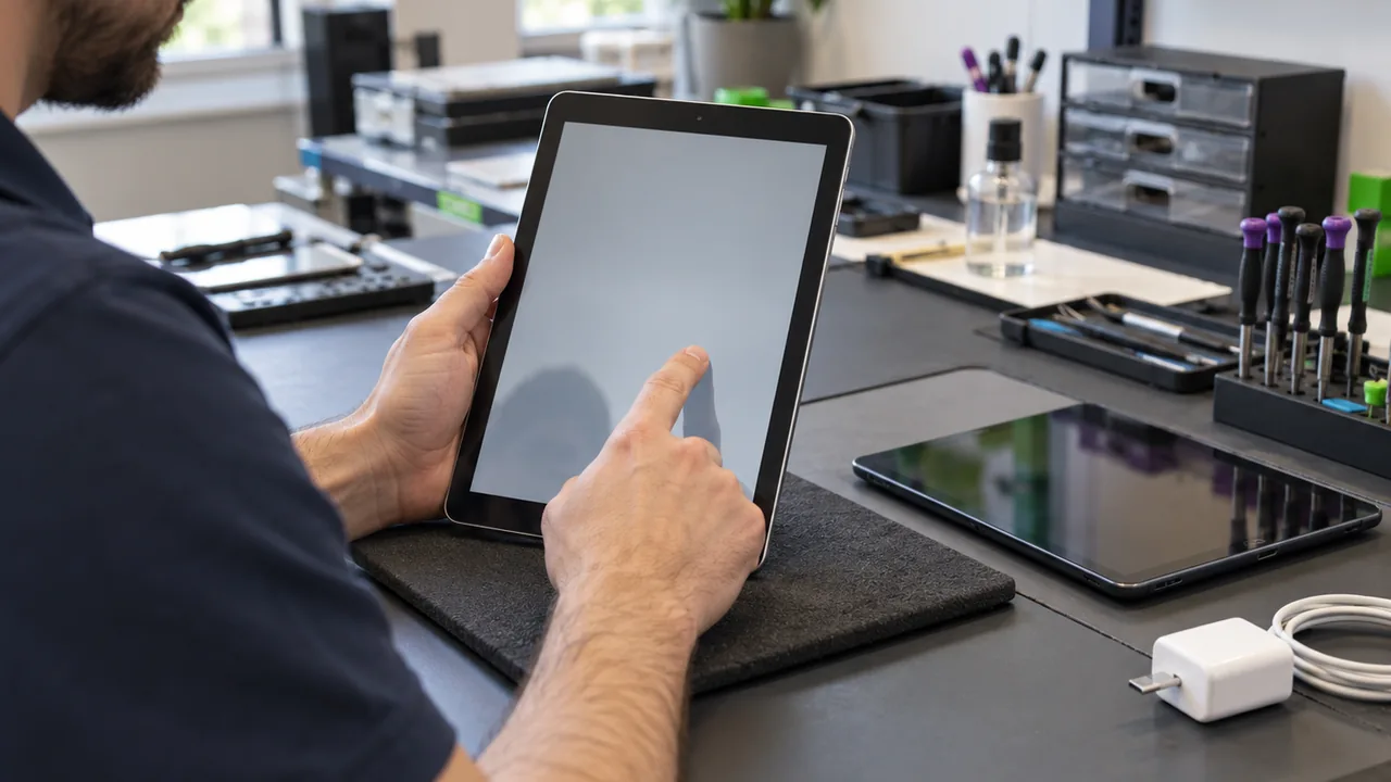 Τεχνικός κρατά tablet και αγγίζει την οθόνη του